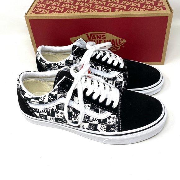 VANS Men's Size VN0A7Q2J6U6 OLD SKOOL Doodle Checkerboard Black White Sneaker - Picture 2 of 11